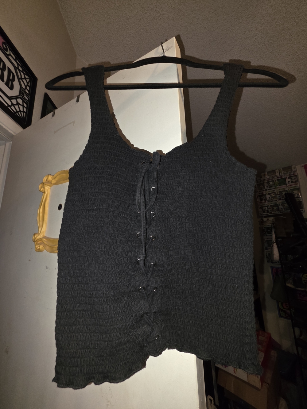 Hot Topic Black Smocked Tank with Front Lace-Up